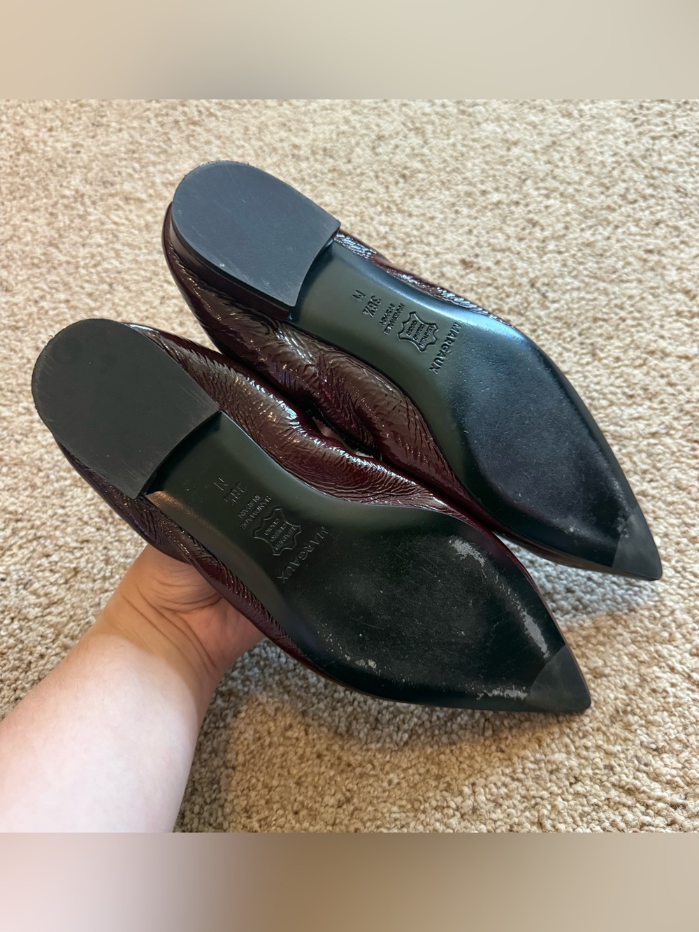 Margaux Roma Pointed Toe Ballet Flats in Merlot Crinkle Patent Leather Size 38.5 - Picture 5 of 6